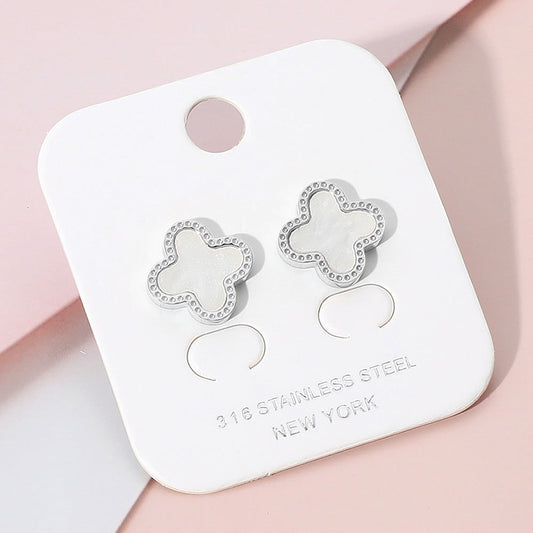 Madeline Love Mother of Pearl, Silver Stainless Steel Mother of Pearl Quatrefoil Stud Earrings