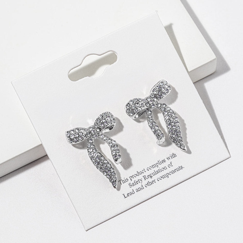 Madeline Love Clear, Rhodium Crystal Pave Bow Stud Earrings