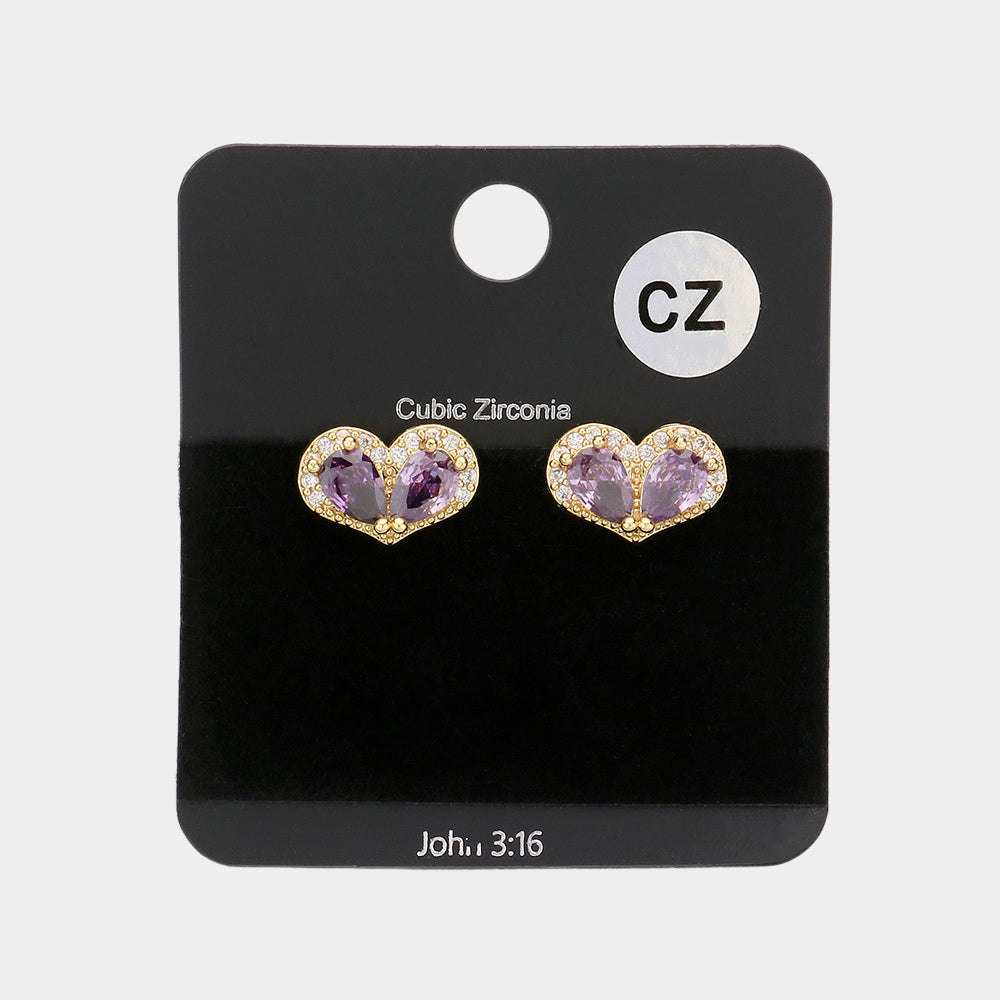 CZ Teardrop Accented Heart Stud Evening Earrings