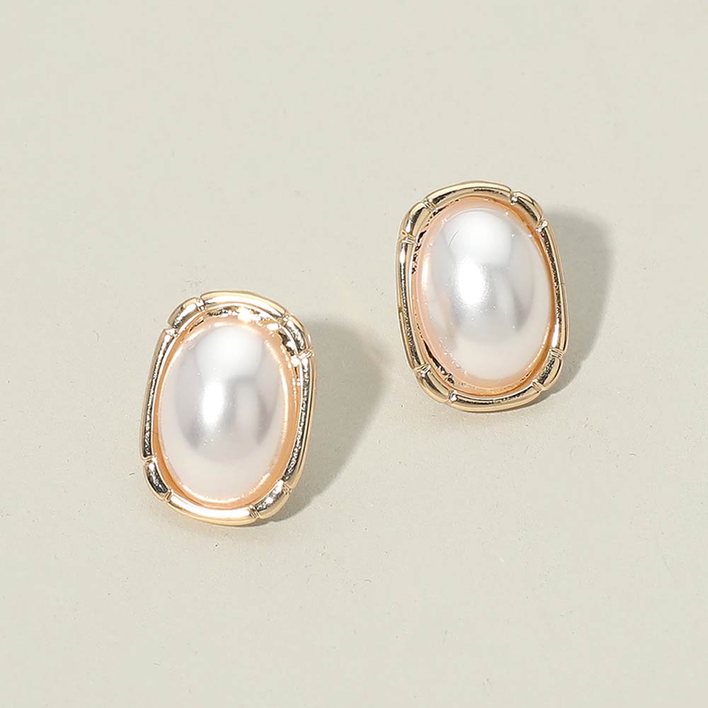 Madeline Love Cream, Gold Oval Pearl Frame Stud Earrings