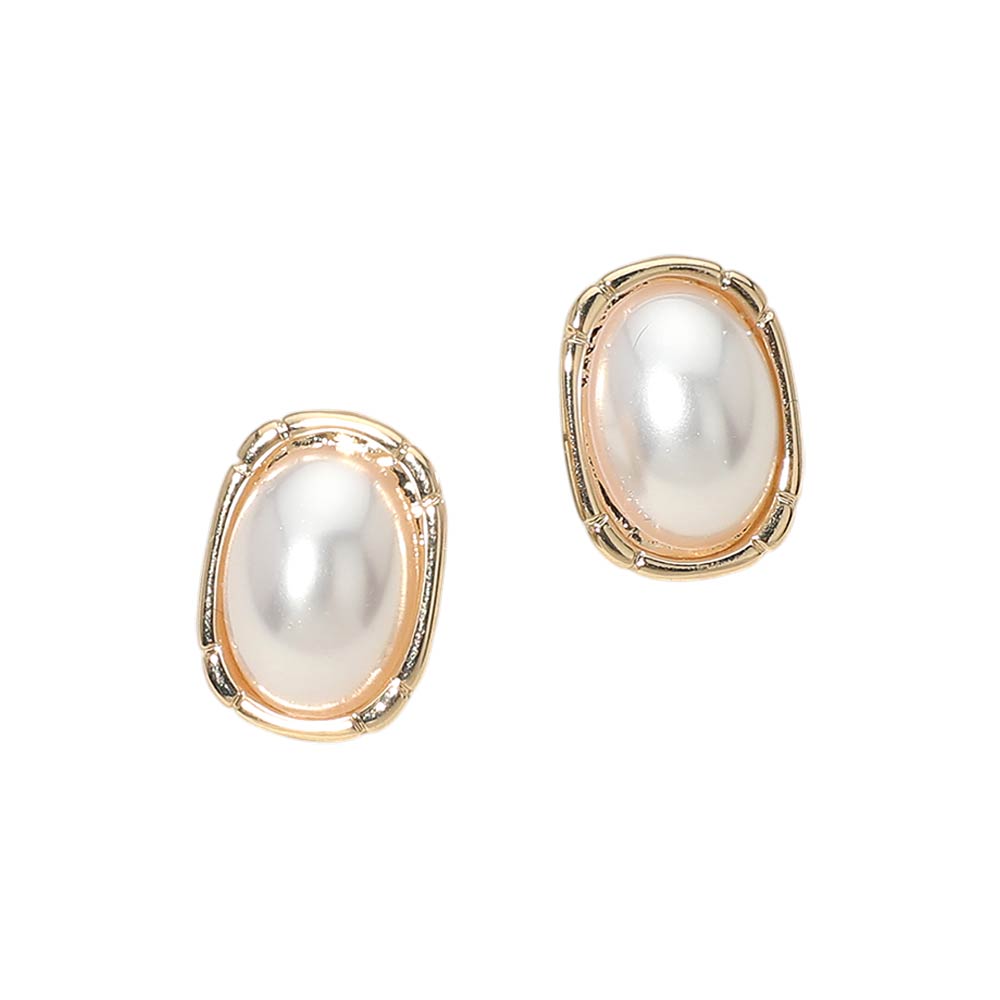 Madeline Love Cream, Gold Oval Pearl Frame Stud Earrings - desc