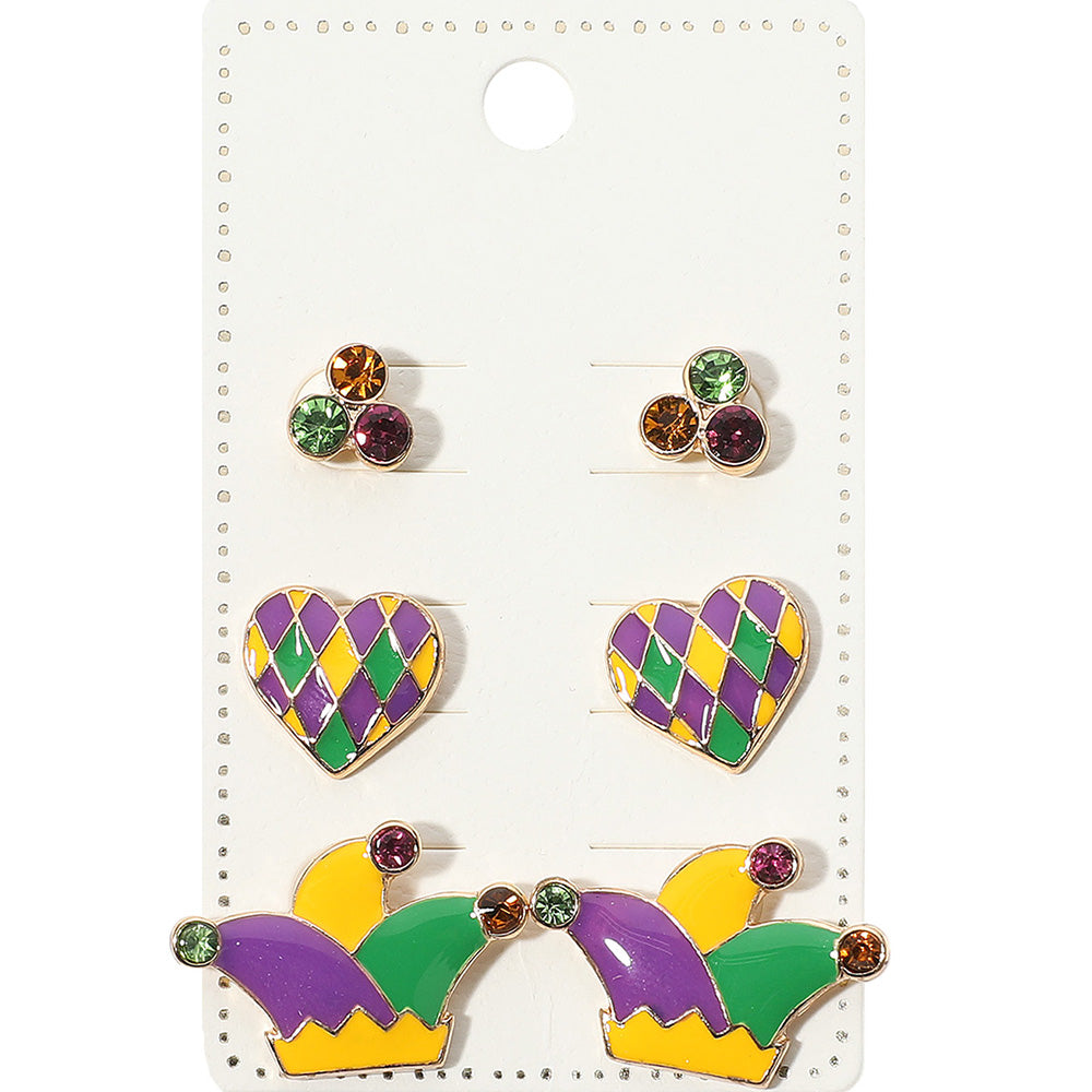 Gold, Multi 3Pairs - Enamel Mardi Gras Heart Hat Stud Earring Set