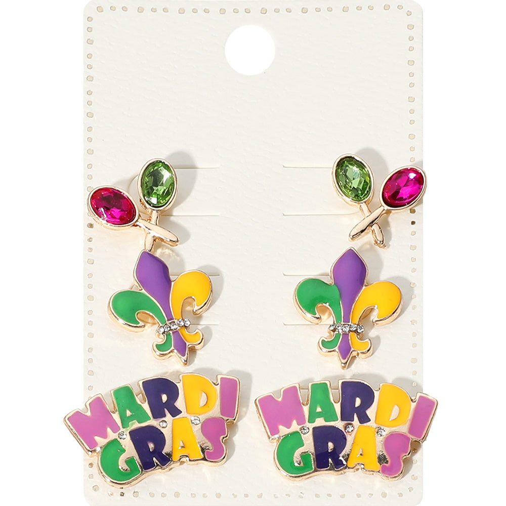 Gold, Multi 3Pairs - Enamel MARDI GRAS Message Fleur de Lis Stud Earrings Set
