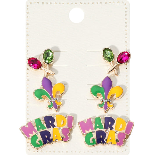 Gold, Multi 3Pairs - Enamel MARDI GRAS Message Fleur de Lis Stud Earrings Set