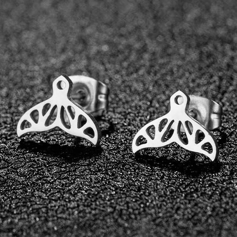 Rhodium Stainless Steel Whale Tale Stud Earrings