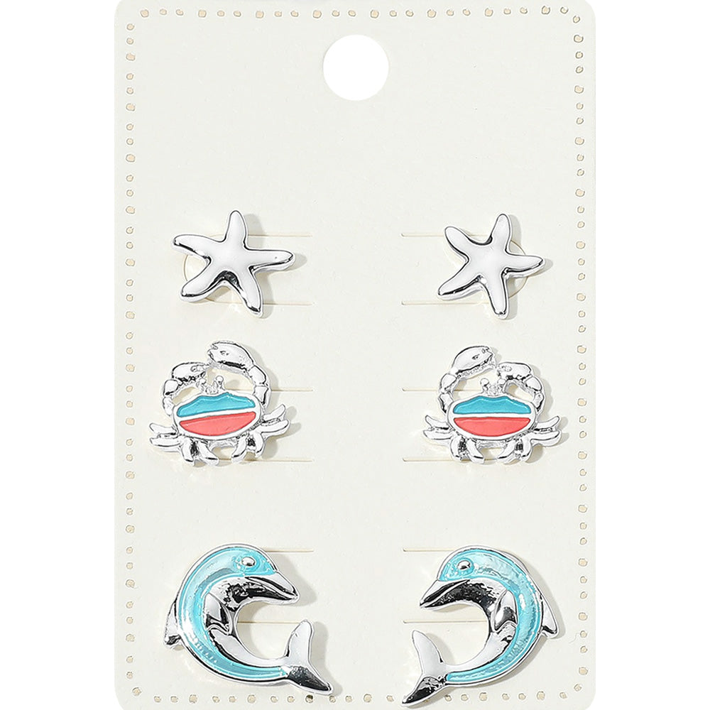 Madeline Love Multi, Silver 3Pairs - Metal Starfish Enamel Crab Dolphin Stud Earrings Set