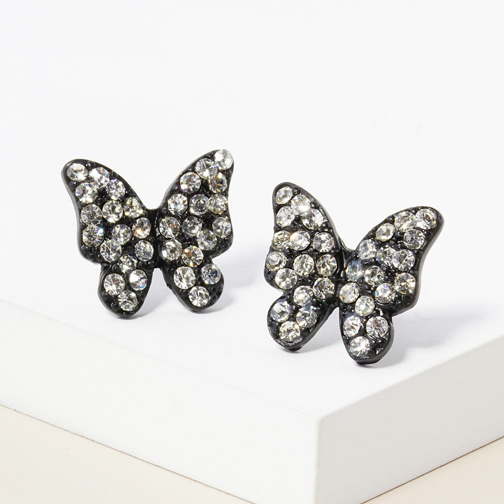 Black, Clear Rhinestone Paved Butterfly Stud Earrings