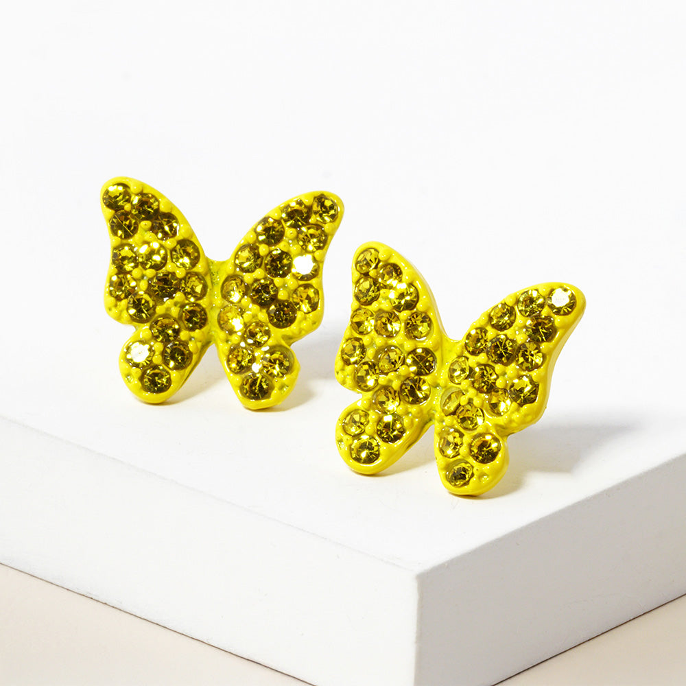 Yellow Rhinestone Paved Butterfly Stud Earrings