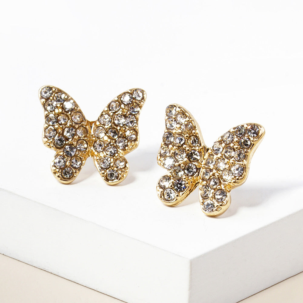 Clear, Gold Rhinestone Paved Butterfly Stud Earrings