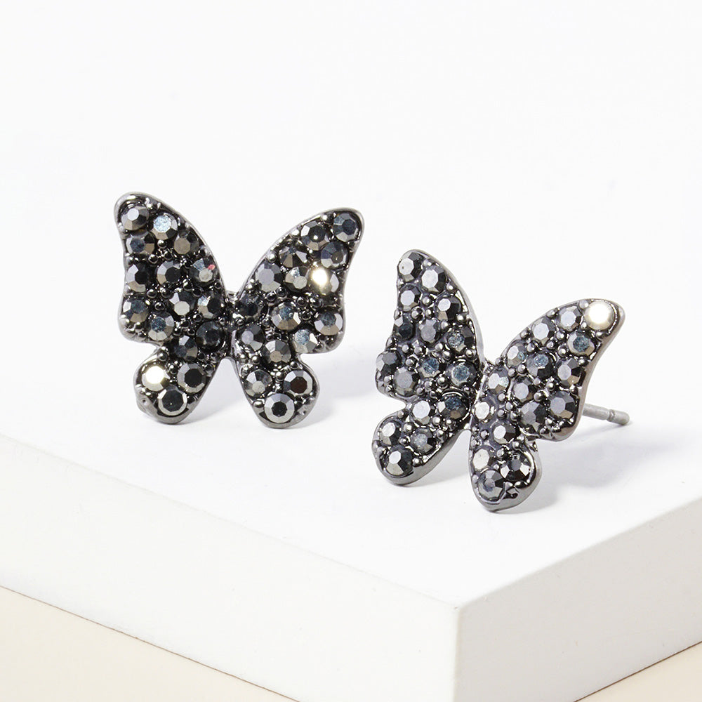 Hematite Rhinestone Paved Butterfly Stud Earrings