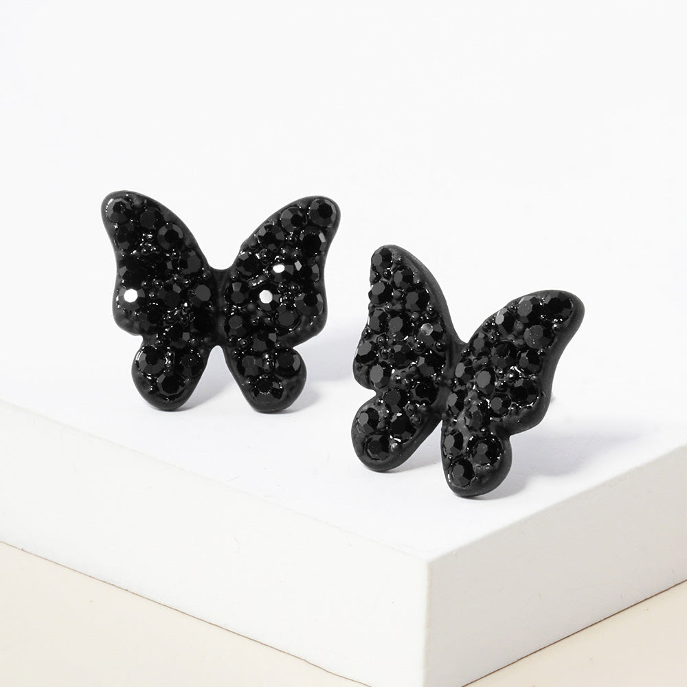 Black Rhinestone Paved Butterfly Stud Earrings