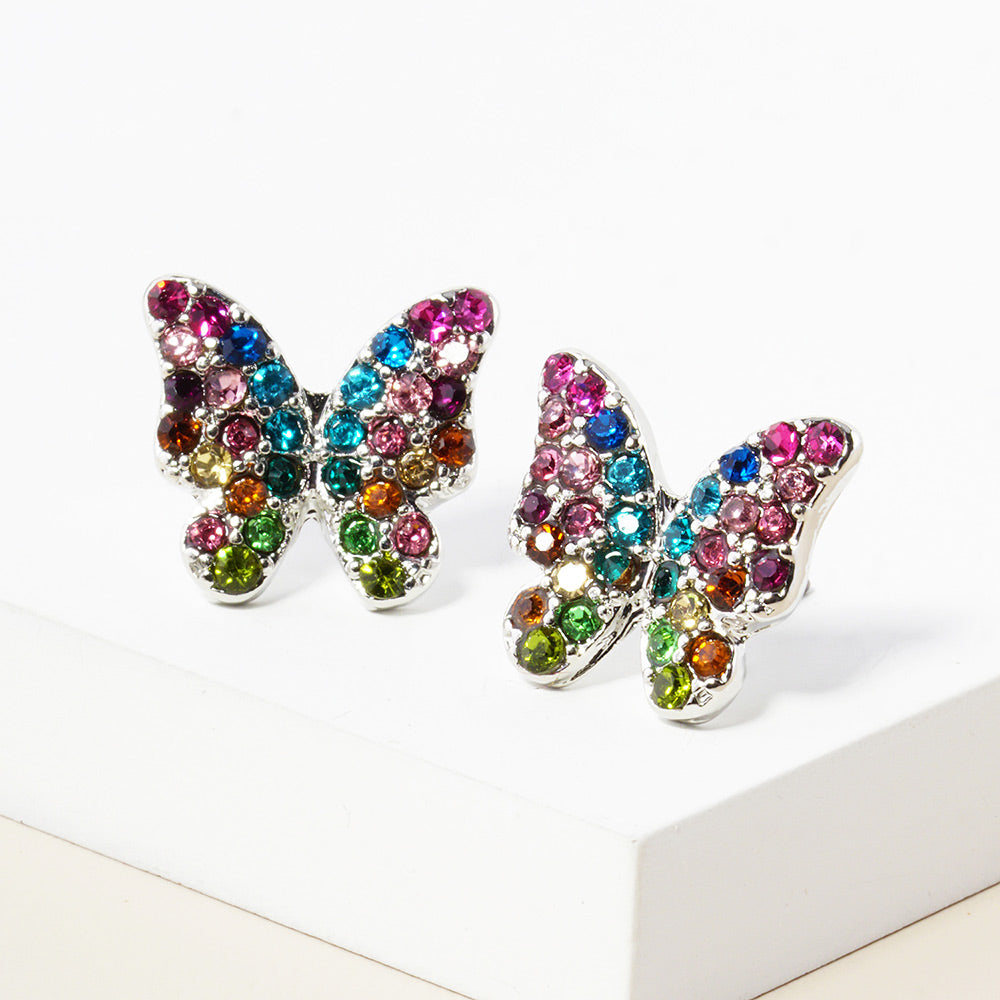 Multi, Rhodium Rhinestone Paved Butterfly Stud Earrings