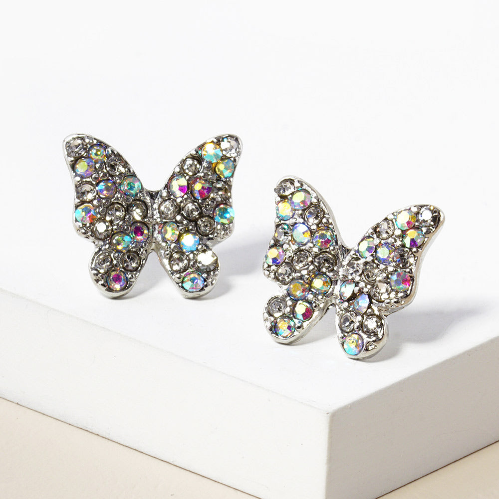 AB, Rhodium Rhinestone Paved Butterfly Stud Earrings