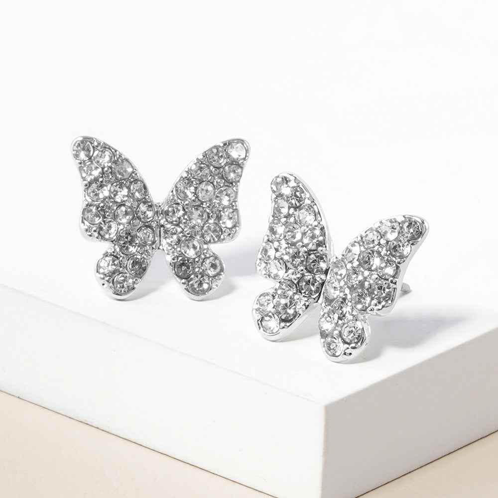 Clear, Rhodium Rhinestone Paved Butterfly Stud Earrings