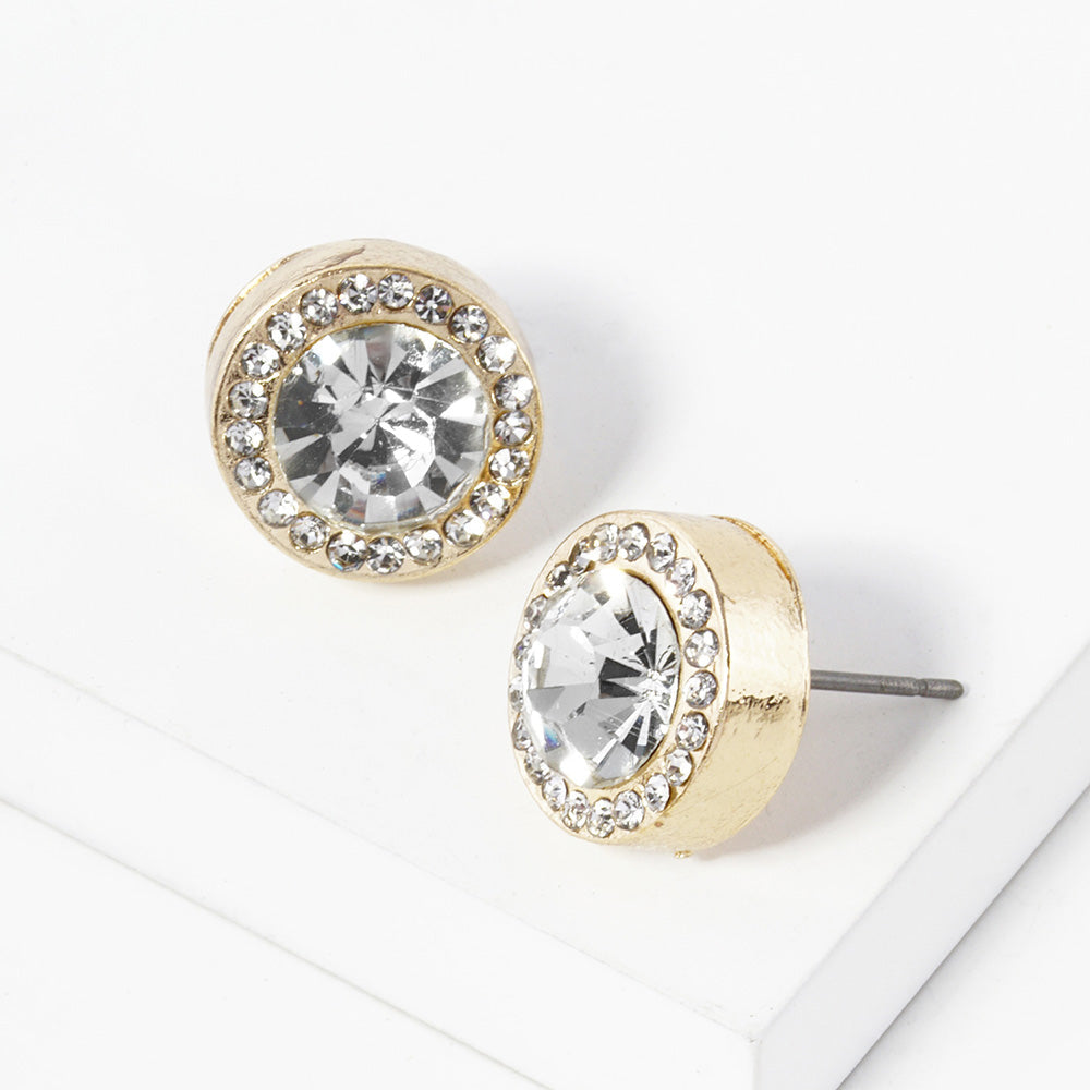 Madeline Love Clear, Gold Round Crystal Halo Stud Earrings