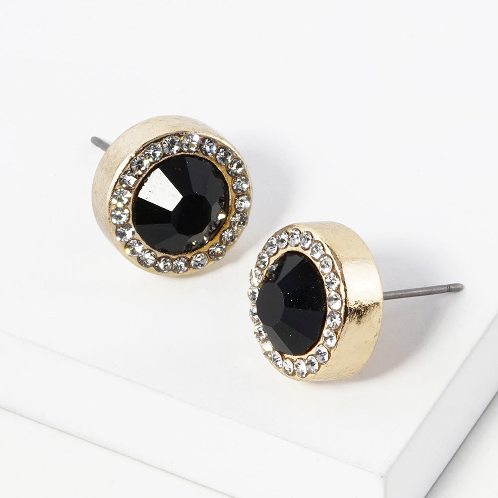 Madeline Love Gold, Jet Black Round Crystal Halo Stud Earrings