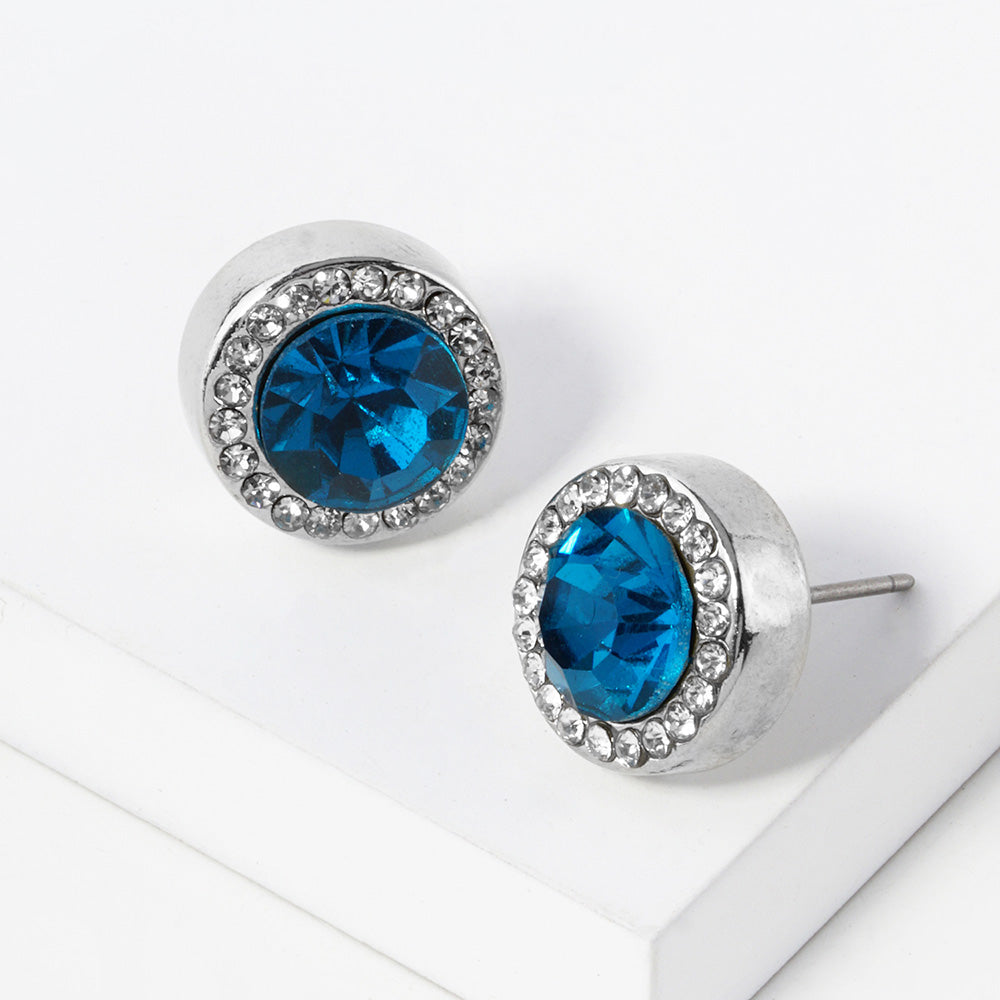 Madeline Love Blue Zircon, Rhodium Round Crystal Halo Stud Earrings