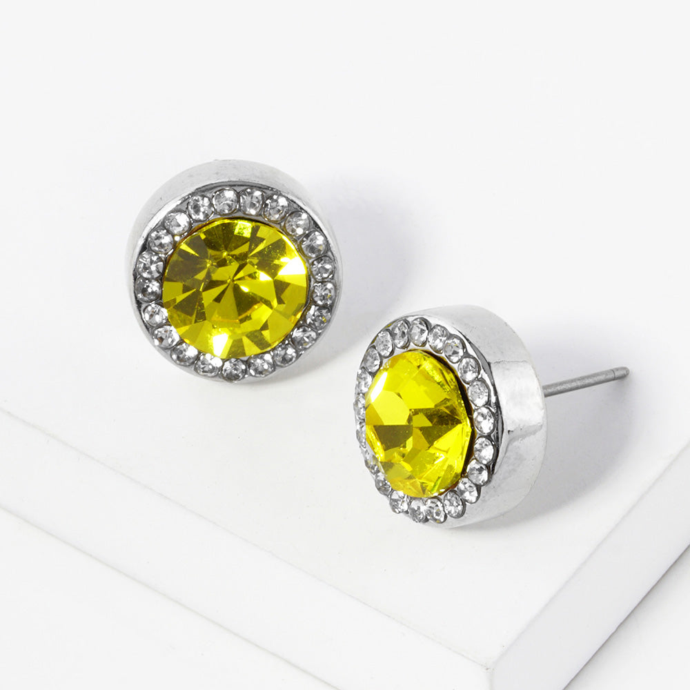 Madeline Love Rhodium, Yellow Round Crystal Halo Stud Earrings