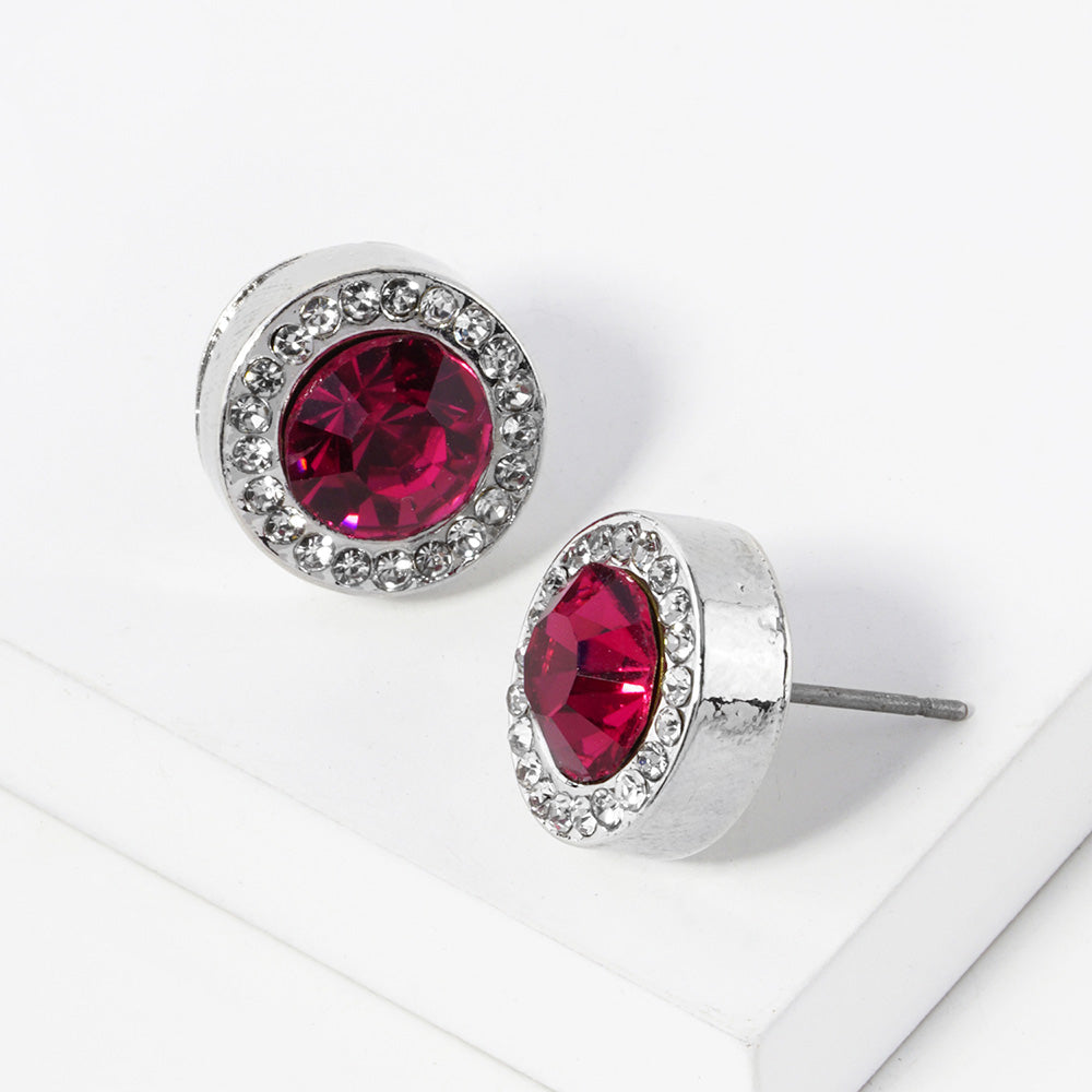 Madeline Love Fuchsia, Rhodium Round Crystal Halo Stud Earrings