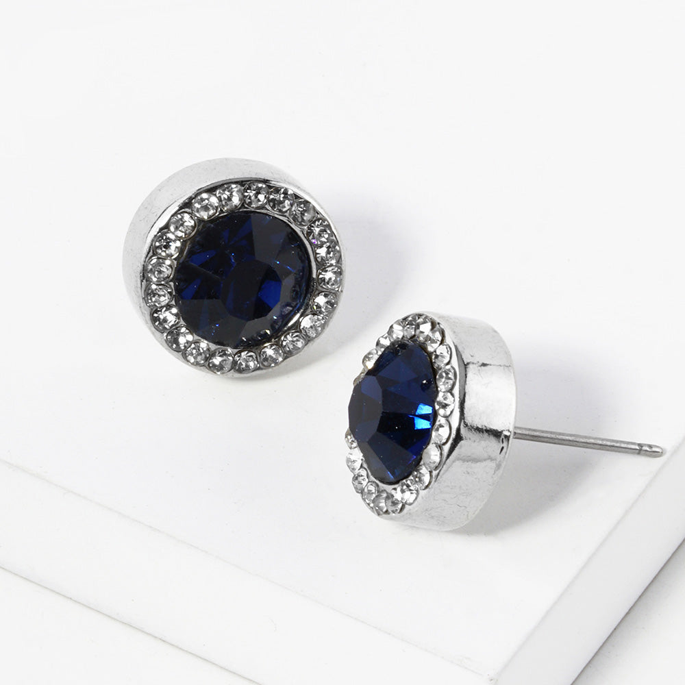 Madeline Love Montana Blue, Rhodium Round Crystal Halo Stud Earrings