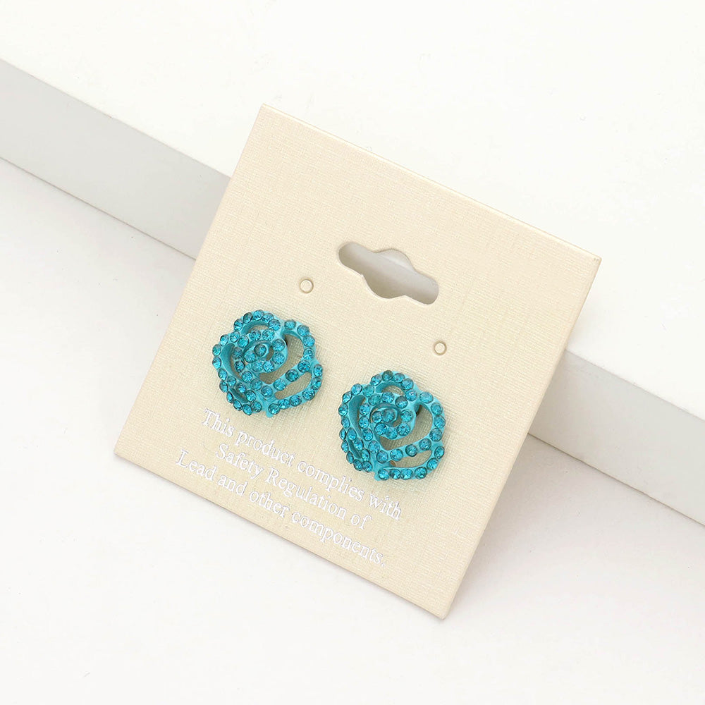 Madeline Love Blue Zircon, Teal Crystal Pave Flower Stud Earrings