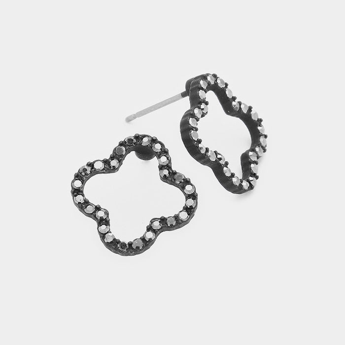 Madeline Love Black, Hematite Stone Trimmed Quatrefoil Clover Stud Earrings