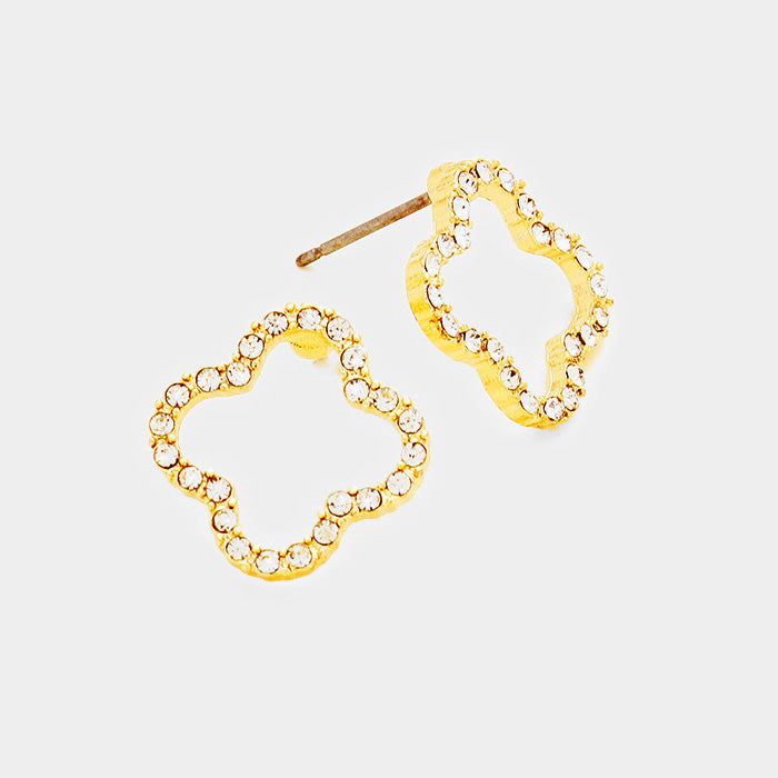 Madeline Love Clear, Gold Stone Trimmed Quatrefoil Clover Stud Earrings