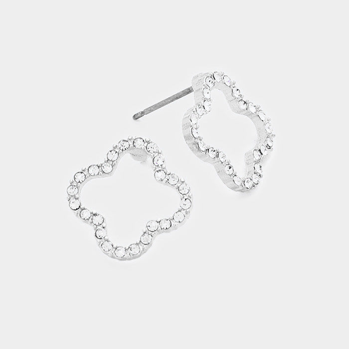 Madeline Love Clear, Rhodium Stone Trimmed Quatrefoil Clover Stud Earrings