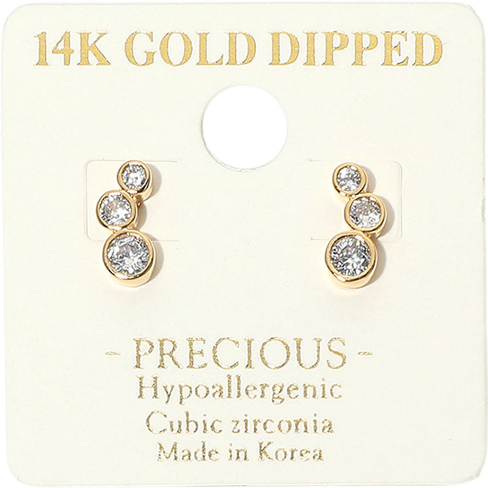 Madeline Love Gold 14K Gold Dipped Hypoallergenic Graduated Triple CZ Stone Bezel Link Stud Earrings