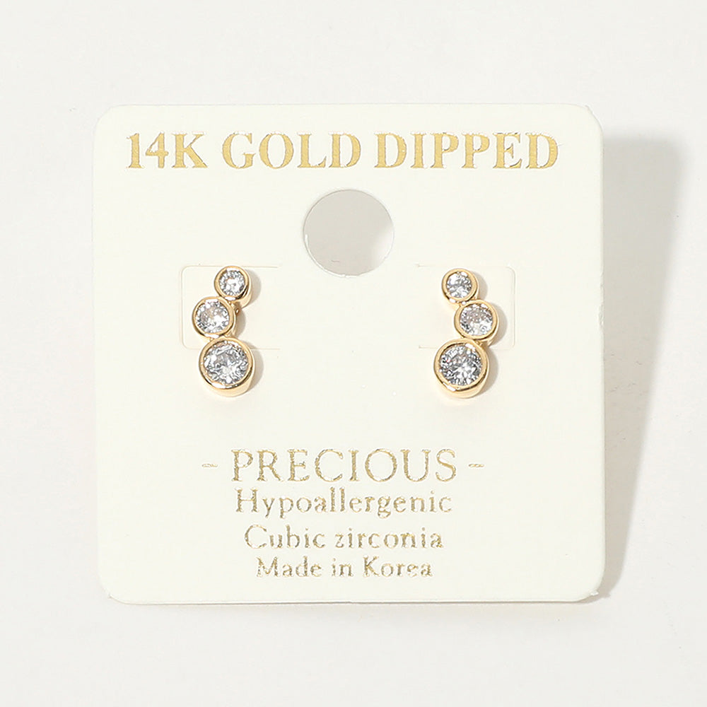 Madeline Love Gold 14K Gold Dipped Hypoallergenic Graduated Triple CZ Stone Bezel Link Stud Earrings - desc