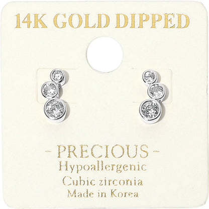Madeline Love Rhodium 14K Gold Dipped Hypoallergenic Graduated Triple CZ Stone Bezel Link Stud Earrings