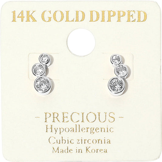 Madeline Love Rhodium 14K Gold Dipped Hypoallergenic Graduated Triple CZ Stone Bezel Link Stud Earrings