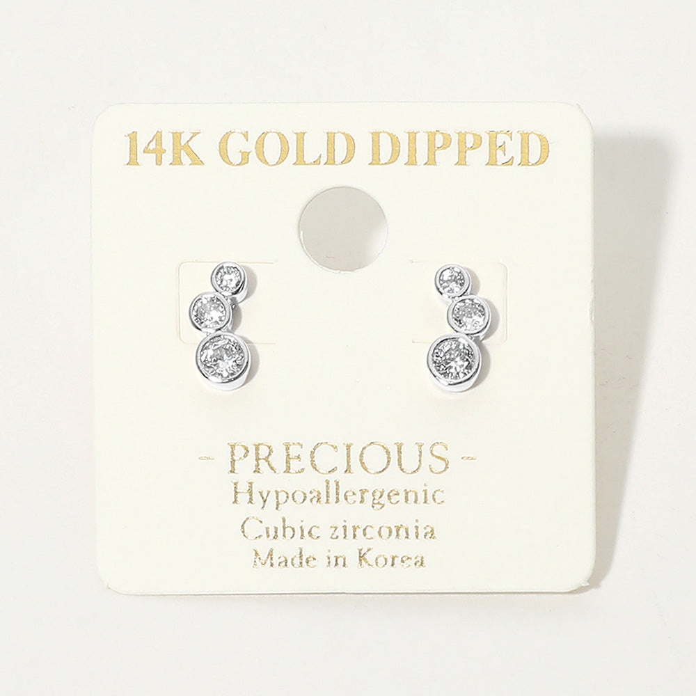 Madeline Love Rhodium 14K Gold Dipped Hypoallergenic Graduated Triple CZ Stone Bezel Link Stud Earrings - desc