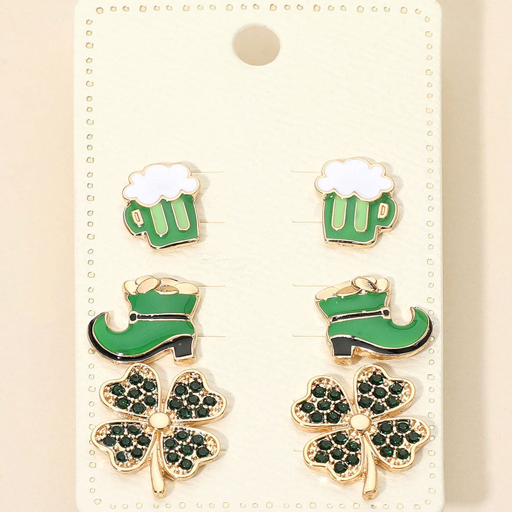 Madeline Love Gold 3Pairs - St Patricks Clover Boot Beer Mug Stud Earring Set - Earrings