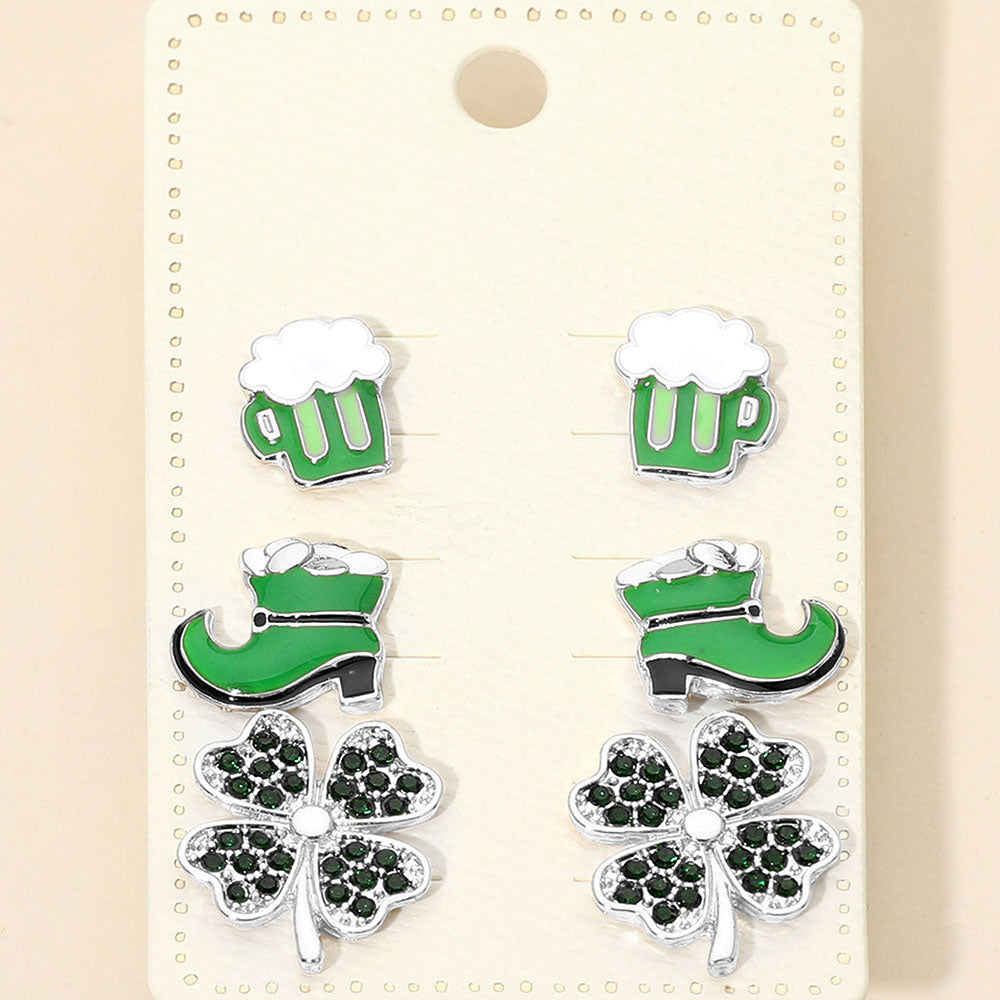 Madeline Love Silver 3Pairs - St Patricks Clover Boot Beer Mug Stud Earring Set - Earrings