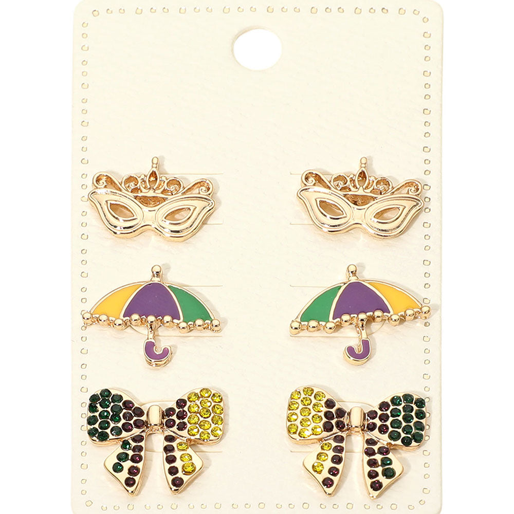 Gold Playful stud earring set inspired by Mardi Gras themed icons, perfect for festive styling and seasonal displays. Designed for easy mix-and-match wear, this set adds fun character to party outfits, parade looks, and boutique collections seeking eye-catching holiday accessories.