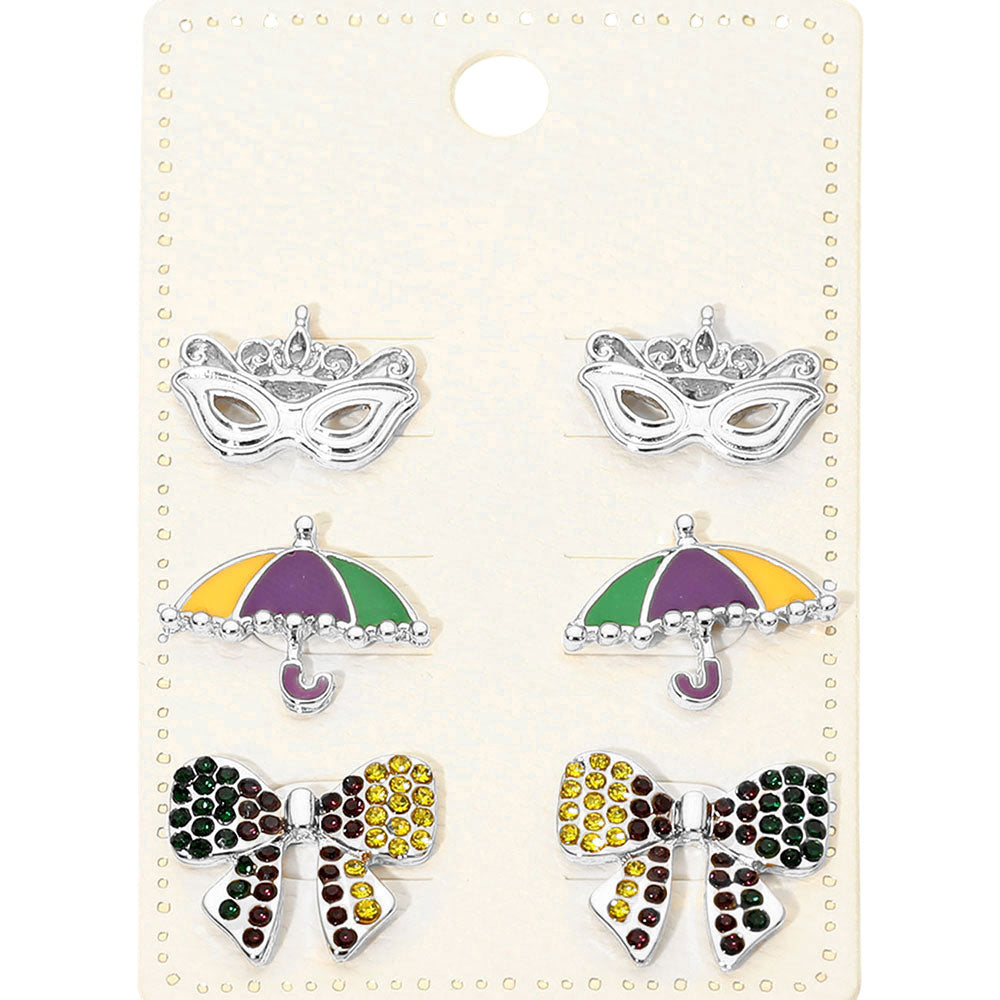 Silver Playful stud earring set inspired by Mardi Gras themed icons, perfect for festive styling and seasonal displays. Designed for easy mix-and-match wear, this set adds fun character to party outfits, parade looks, and boutique collections seeking eye-catching holiday accessories.