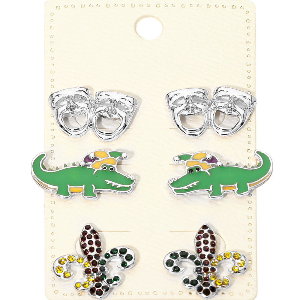 Silver Festive stud earring set featuring classic Mardi Gras inspired icons designed for playful seasonal styling. Ideal for parade outfits, party looks, and themed collections, this versatile set offers mix-and-match appeal that adds personality, celebration energy, and standout charm to any accessory display.