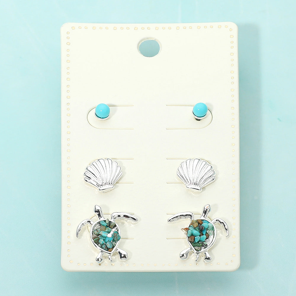 Madeline Love Silver, Turquoise 3Pairs - Sea Shell Sea Turtle Stud Earring Set - Earrings