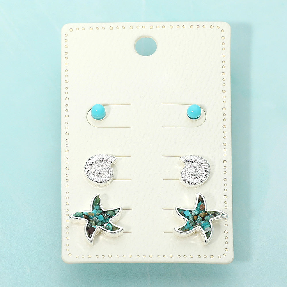 Madeline Love Silver, Turquoise 3Pairs - Shell Starfish Stud Earring Set - Earrings