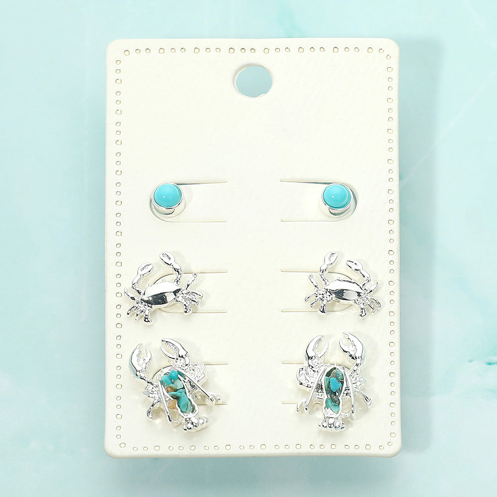 Madeline Love Silver, Turquoise 3Pairs - Crab Lobster Stud Earring Set - Earrings