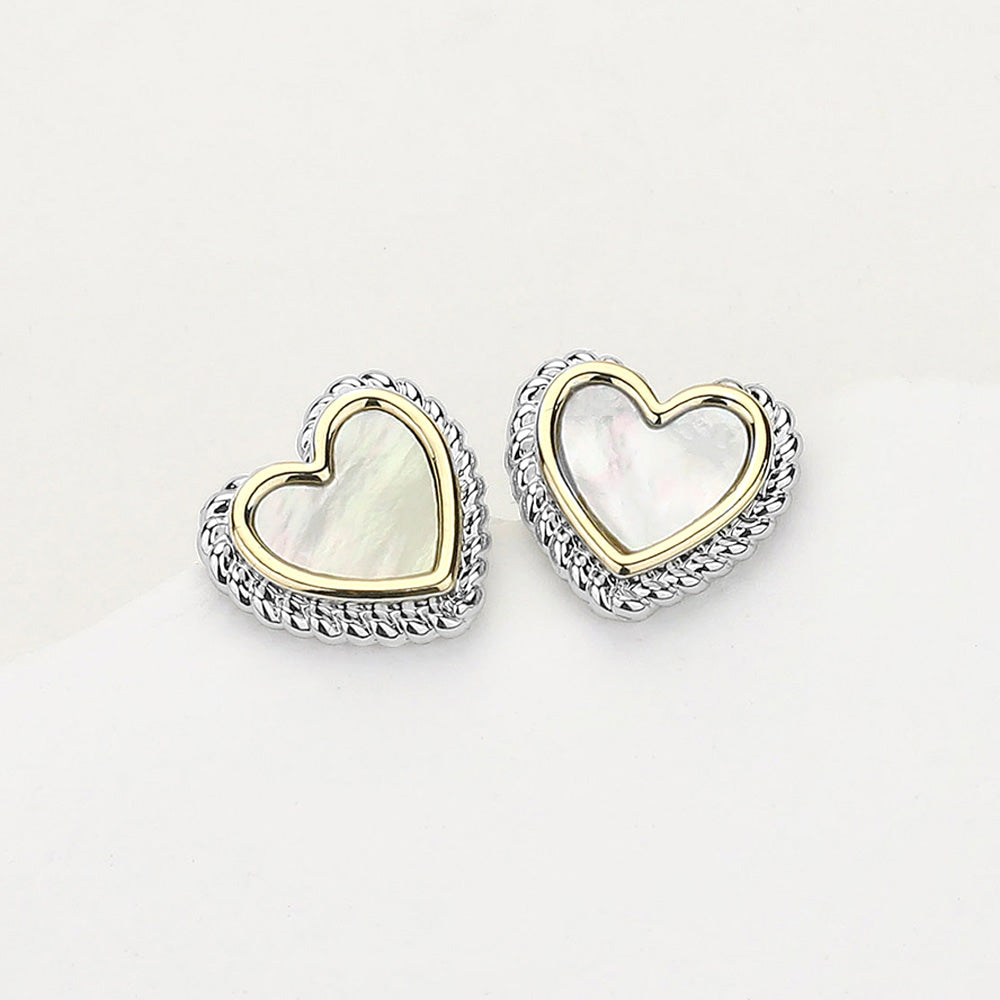 14K Gold Plated Mother Of Pearl Heart Stud Earrings - Mother of Pearl Two Tone - Earrings