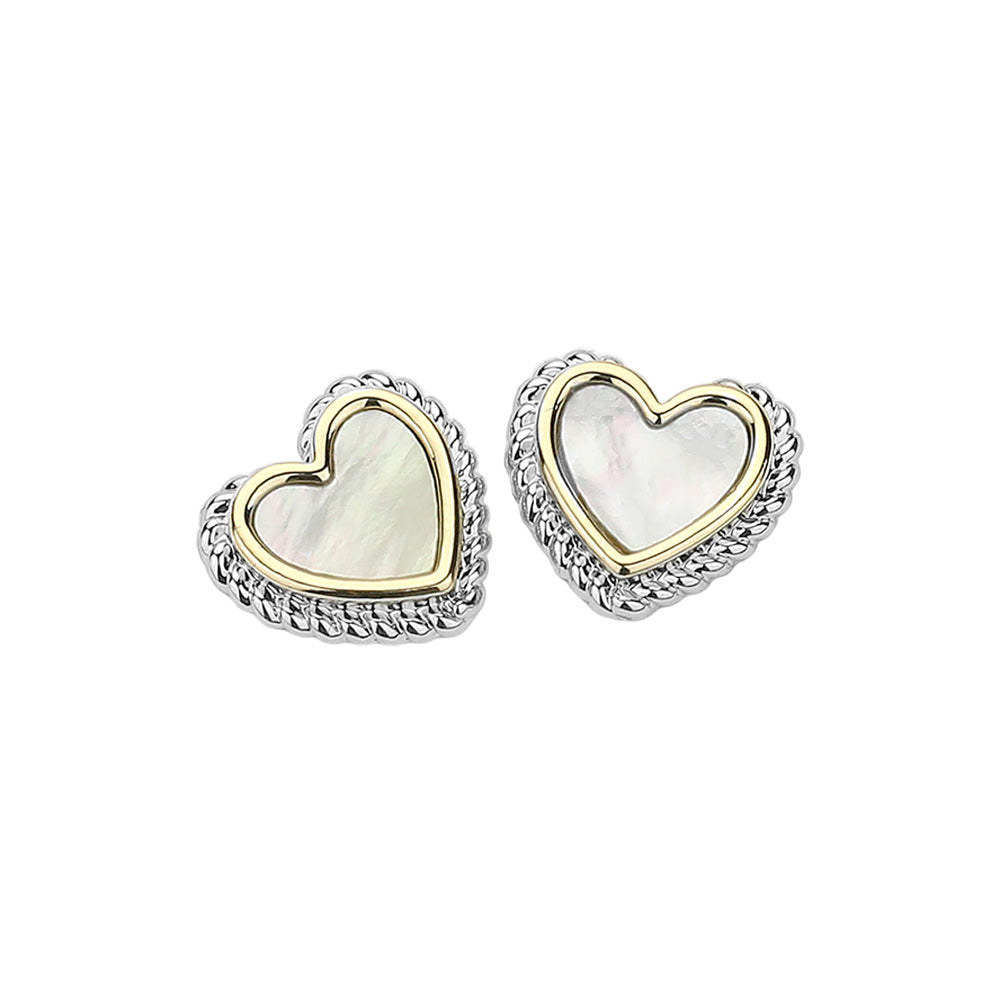 14K Gold Plated Mother Of Pearl Heart Stud Earrings - Mother of Pearl Two Tone - Earrings