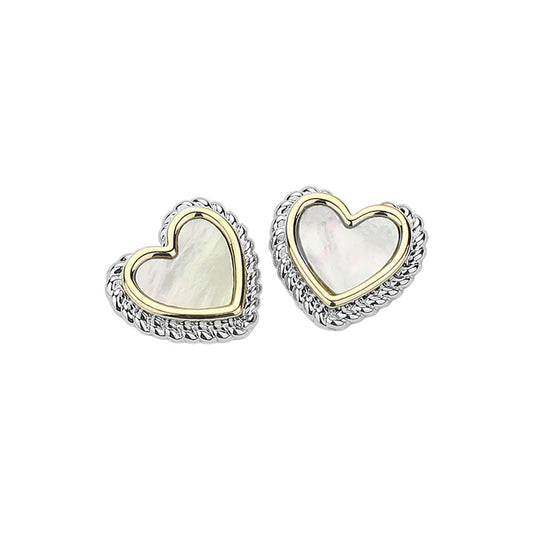 14K Gold Plated Mother Of Pearl Heart Stud Earrings - Mother of Pearl Two Tone - Earrings