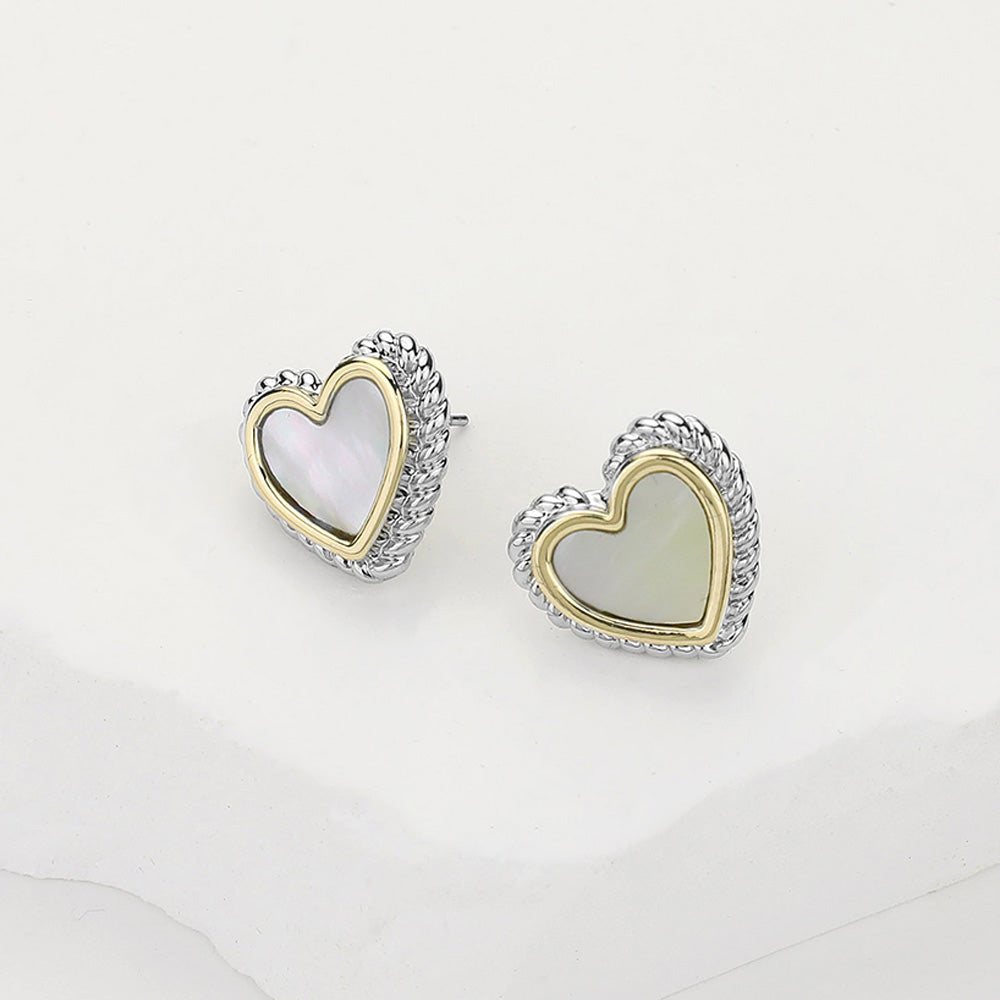 14K Gold Plated Mother Of Pearl Heart Stud Earrings - Mother of Pearl Two Tone - Earrings