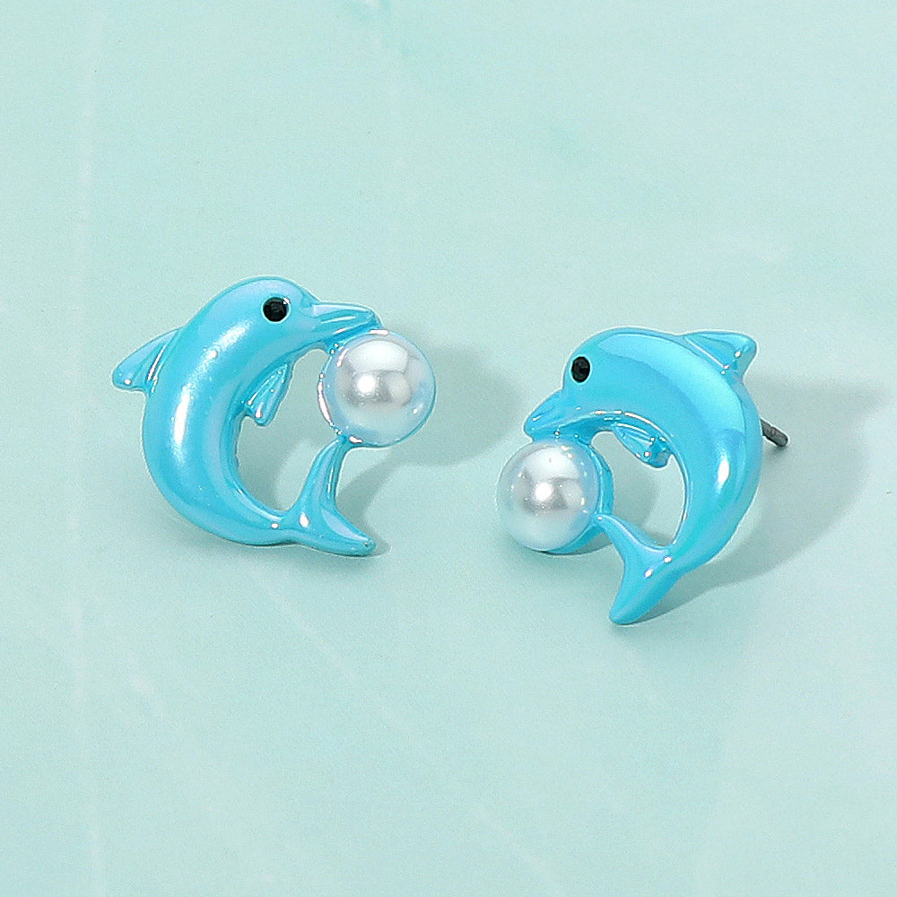 Madeline Love Cream, Turquoise Faux Pearl Accent Playful Dolphin Stud Earrings