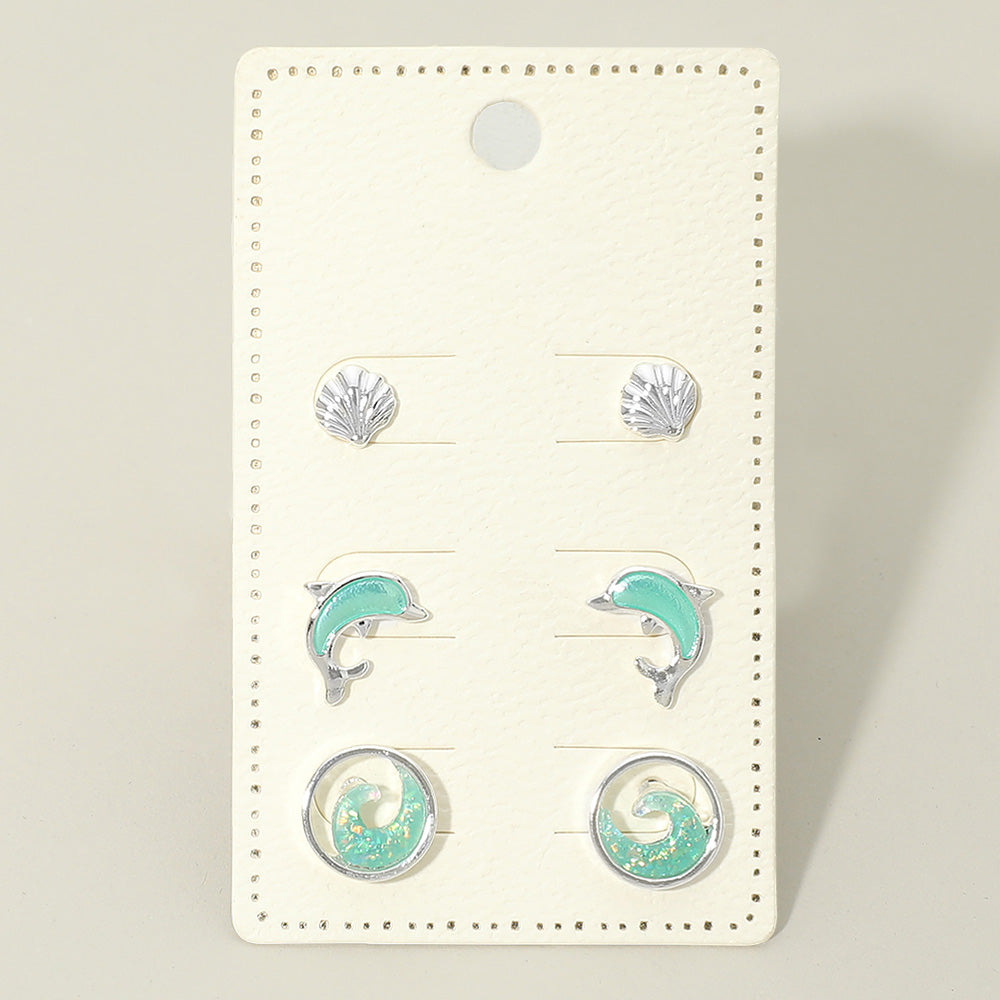 Madeline Love Silver 3Pairs - Ocean Theme Shell Dolphin Wave Stud Earring Set - Earrings