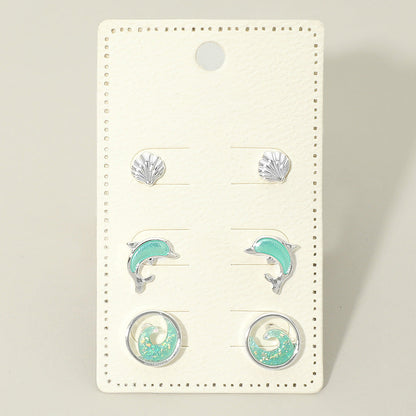 Madeline Love Silver 3Pairs - Ocean Theme Shell Dolphin Wave Stud Earring Set - Earrings