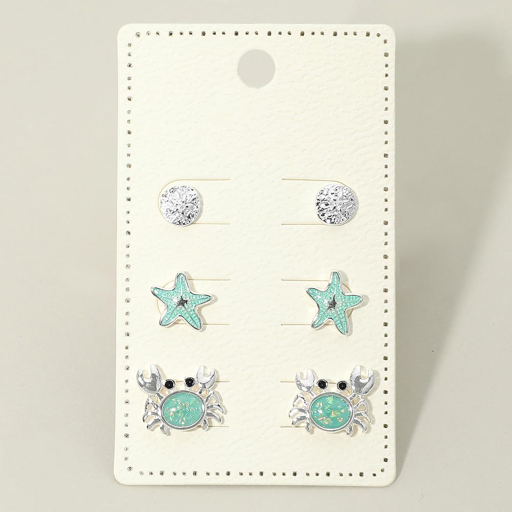 Madeline Love Silver, Turquoise 3Pairs - Ocean Theme Sand Dollar Starfish Crab Stud Earring Set - Earrings