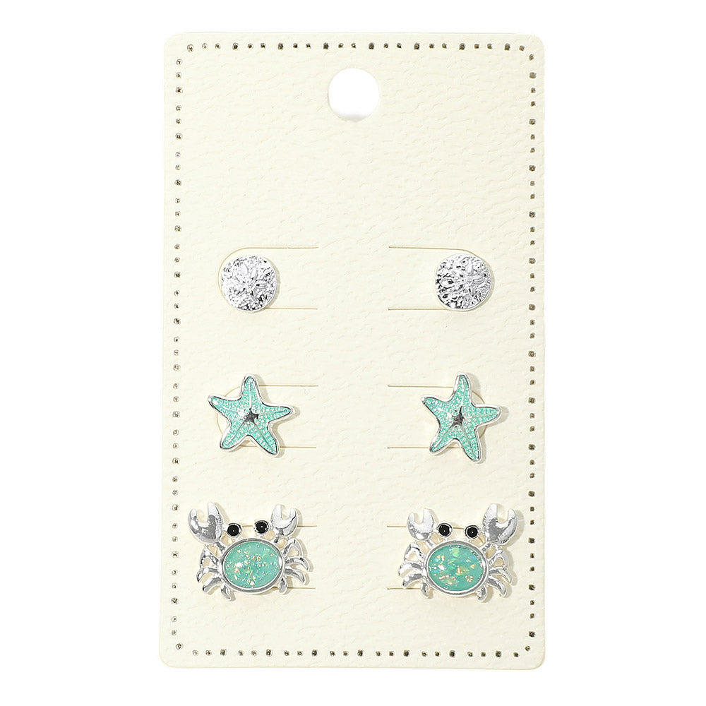 Madeline Love Silver, Turquoise 3Pairs - Ocean Theme Sand Dollar Starfish Crab Stud Earring Set - Earrings - desc